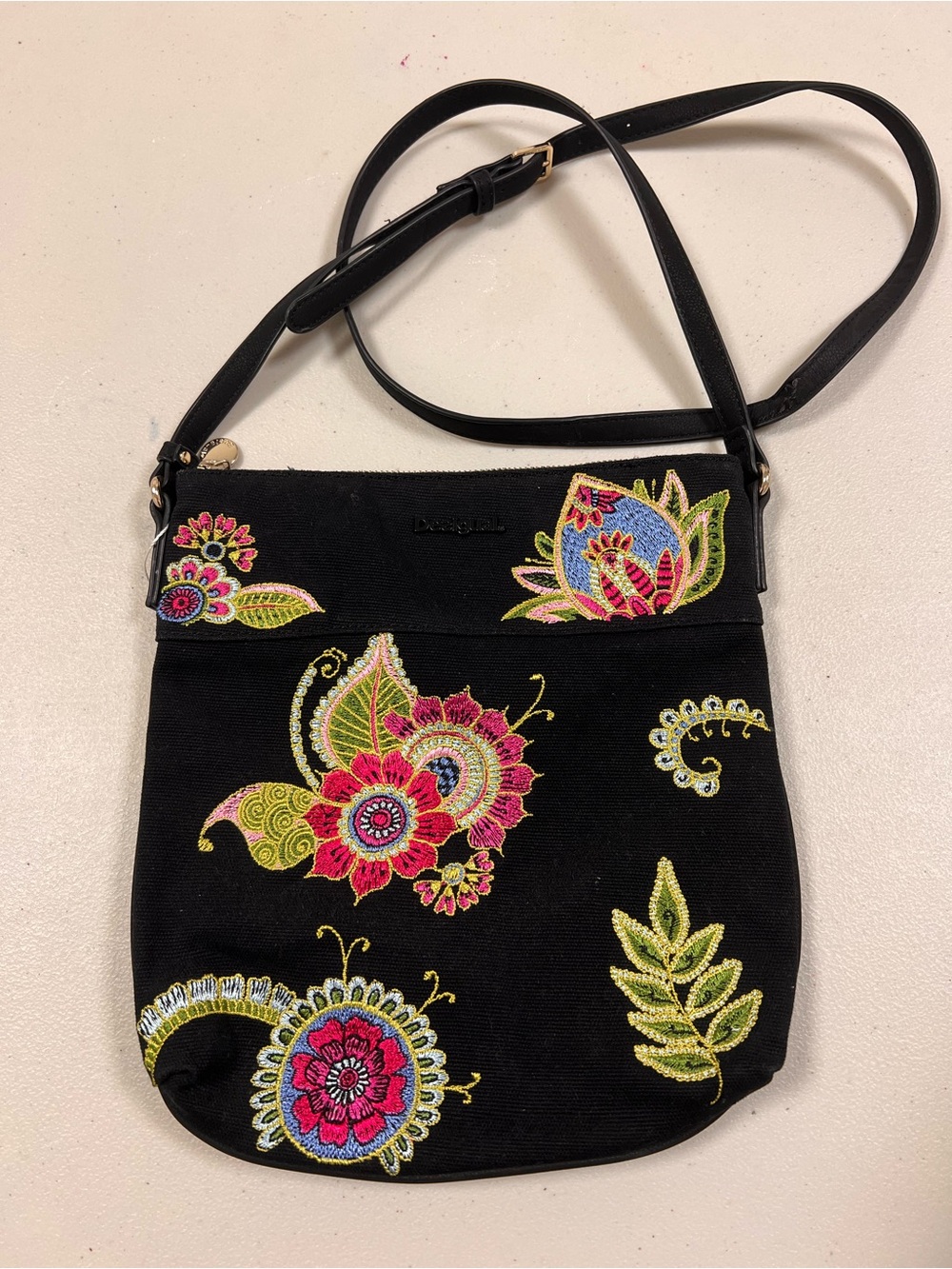 Desigual Black Crossbody Bag with Pink, Green & Blue Floral Embroidery